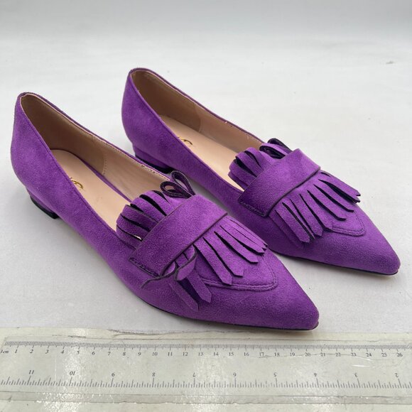 XYD Purple Vintage Fringe Dress Pointy Toe Slip Ons Loafers Chunky Low Heel Shoe - Picture 4 of 8